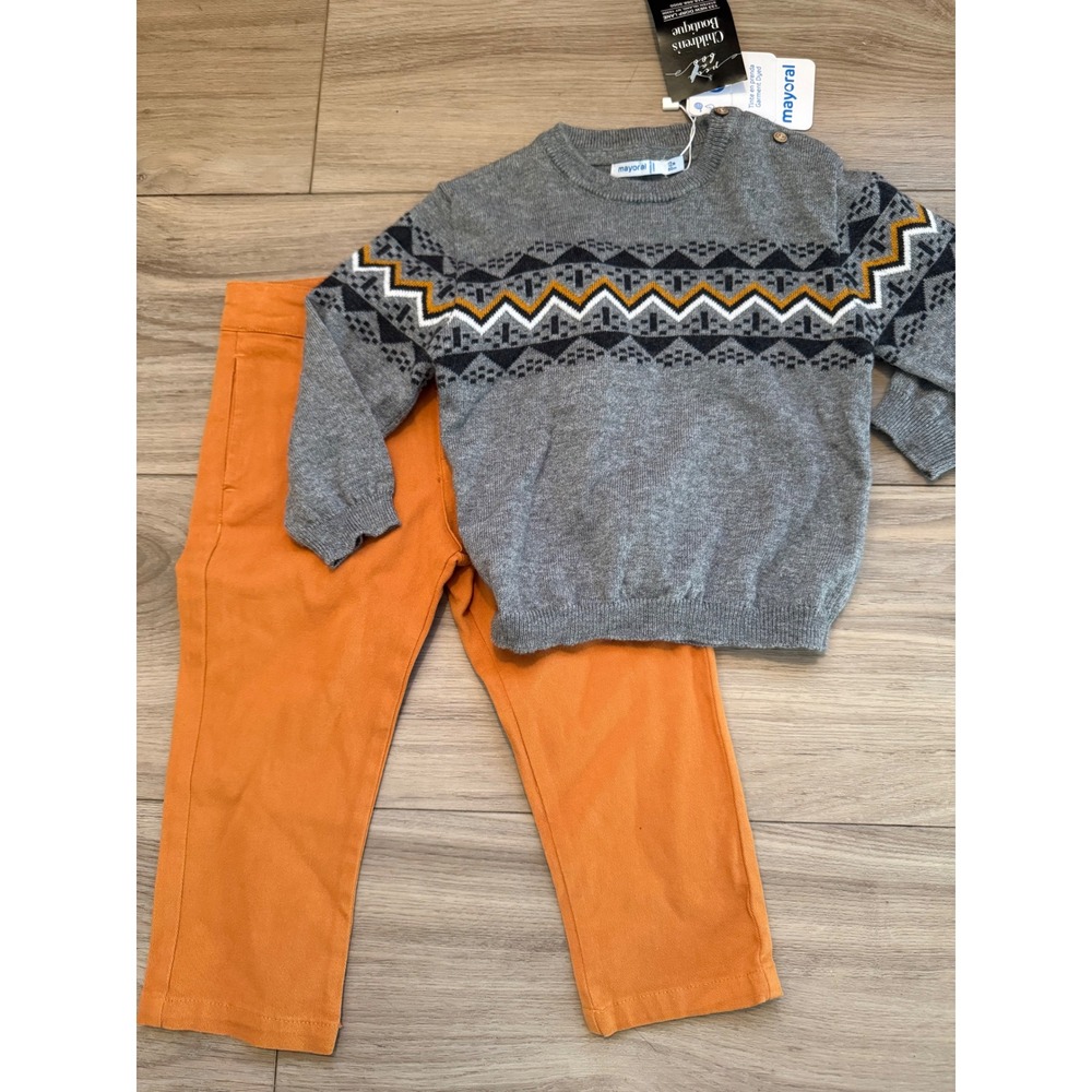 Mayoral Toddler Boys Grey Fair Isle Sweater and Orange Pants Set 12M NWT